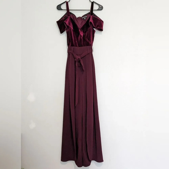 Addison Evenings Burgundy Velvet Open Leg Jumpsuit Size 10 - Picture 3 of 7